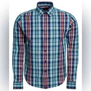 NEW UNTUCKit Men’s Madras Merlino Button Down Shirt Blue/Red Check Plaid Small